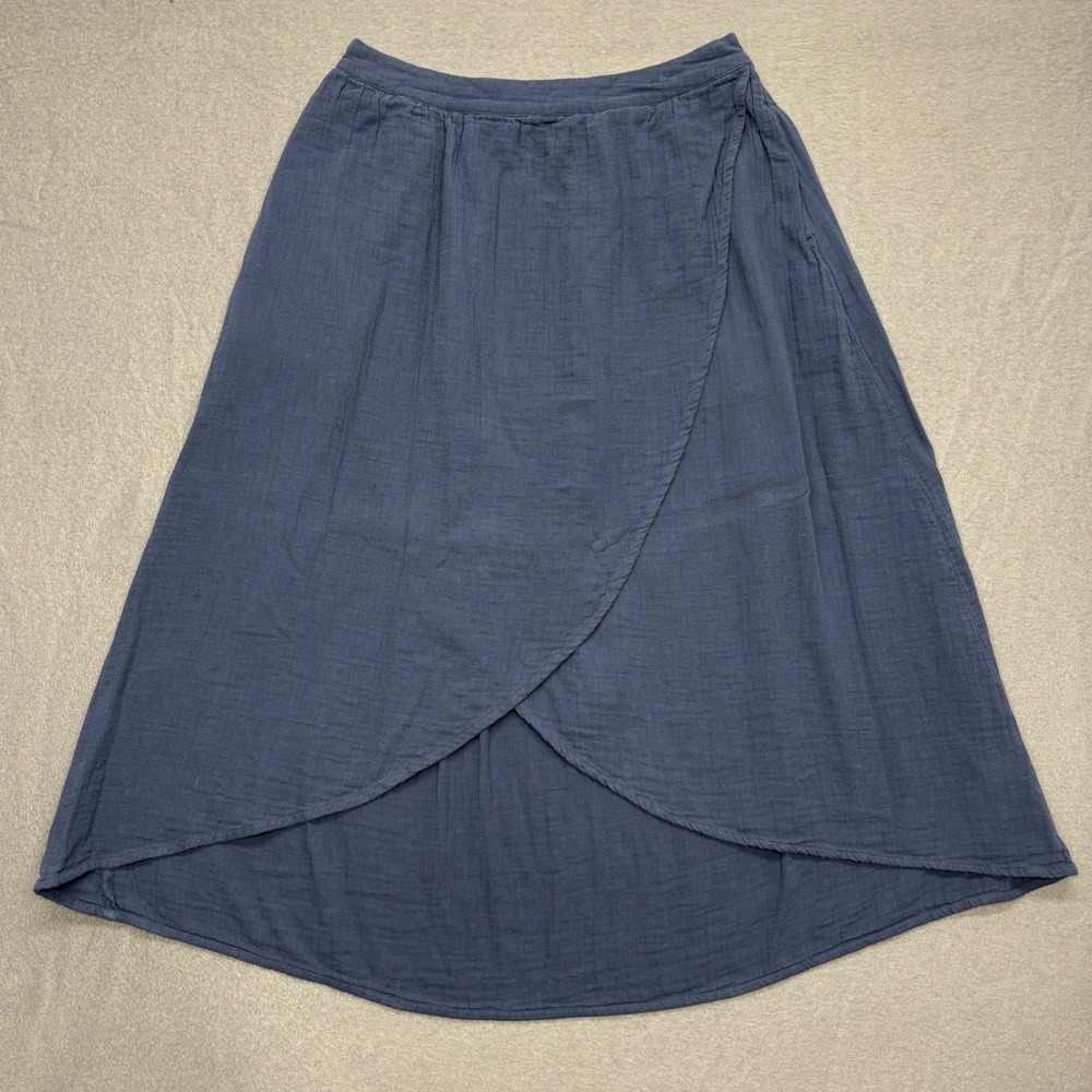 Pact Organic Cotton Gauze Tulip Faux Wrap Midi Skirt Navy Blue Size L Coastal - Picture 2 of 16
